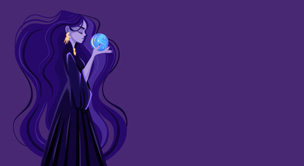 Beautiful woman holding magical glowing ball for predictions and esotericism, seer, flat design for halloween banner. Fortune teller, sorceress or witch. Cartoon vector illustration