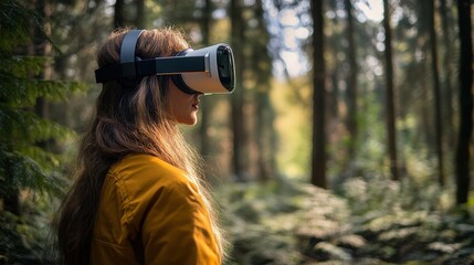 Fototapeta premium Woman wearing VR headset outside in the forest. Generative AI.