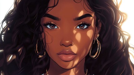 Cartoon virtual anime avatar of black young woman with hair and jewelry