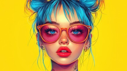 Colorful portrait of a modern hipster, punk girl with a vivid color hairstyle, eccentric girl who expresses musical style through styling, celebration and party.