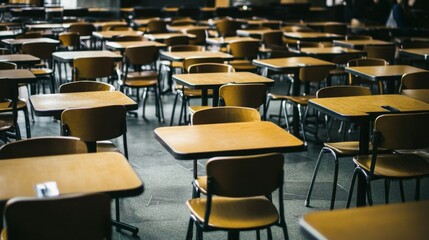 Empty classroom with wooden tables and chairs arranged