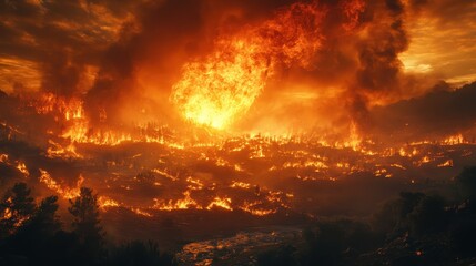 Fototapeta premium Wildfires consume vast landscapes, fueled by dry conditions and strong winds, leaving trails of destruction in their wake.