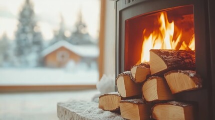 Cozy Fireplace with Burning Firewood and Snowy Winter View