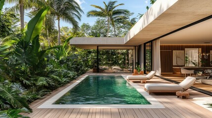 Fototapeta premium Contemporary House Exterior with Pool and Lush Surroundings