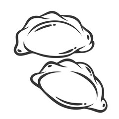 Two dumplings, varenyky, pierogi line icon. Outline hand drawn vintage boiled buns with potatoes, cottage cheese fillings. Ukrainian, Polish food mascot, simple dumplings icon vector illustration