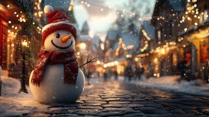 Obraz premium Happy snowman standing in winter christmas town street