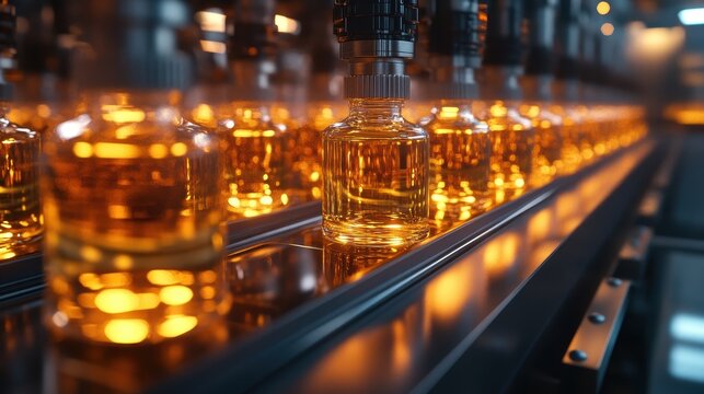 an automated production line manufacturing glossy luxury cosmetic packaging filled with amber liquid in a spotlessly clean and modern factory. generative AI
