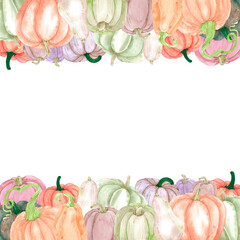 Hand drawn watercolor autumn pumpkins frame border isolated on white background. Rural illustration Can be used for postcard, label, scrapbook and other printed products.