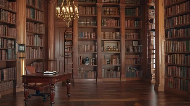A large library with dark wood bookshelves covered with leather-bound books and a period desk. Video