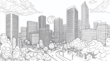 Urban Skyline Outline with Trees and Clouds
