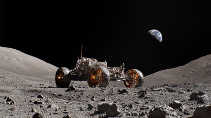 lunar rover traversing a moon crater under a dark sky with Earth visible
