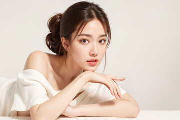 A woman with long brown hair and a white shirt is laying on a table