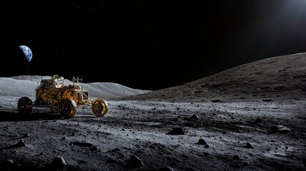 lunar rover traversing a moon crater under a dark sky with Earth visible
