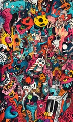 Fototapeta premium Abstract colorful painting with many creatures.