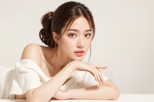 A woman with long brown hair and a white shirt is laying on a table