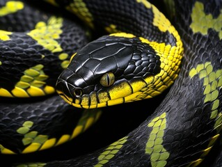 Fototapeta premium Macro shot of a coiled black snake with intricate yellow striping and sharp details of its scales