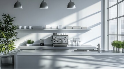 Modern Kitchen with Coffee Machine and Bright Windows