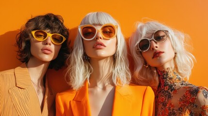 Obraz premium Three stylish people with white hair pose against an orange background