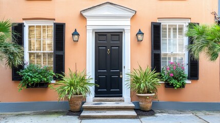 Fototapeta premium Charming Cottage Entrance with Plants and Bright Walls