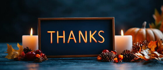 A warm display of gratitude featuring the word "Thanks," surrounded by candles, pinecones, and autumn leaves, evoking a cozy seasonal vibe.