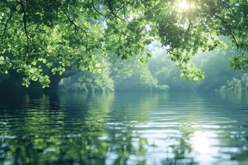 Tranquil summer morning by a calm lake surrounded by lush green trees and sunlight filtering through