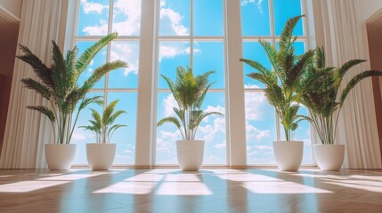 Fototapeta premium Modern Spacious Interior with Large Windows and Plants