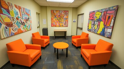 Fototapeta premium Vibrant Waiting Area with Orange Chairs and Artwork