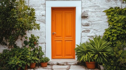 Fototapeta premium Striking Orange Door on White Stone Wall