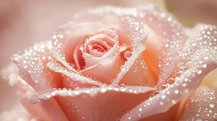 Water droplets delicately balanced on a soft pink rose petal, creating a breathtaking and detailed view of nature's grace