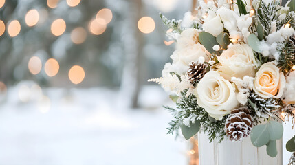 Elegant winter floral arrangement with soft roses and pinecones