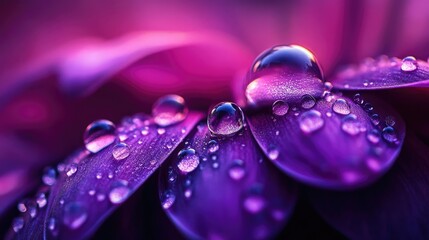 A close-up of dew drops on a rich purple petal, capturing the detailed beauty of nature's refreshing morning scene