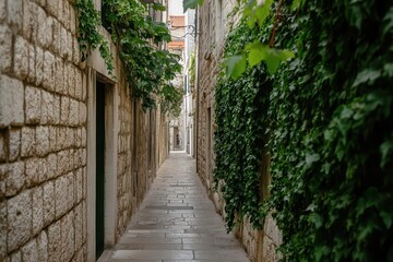 A narrow stone alley lined with ivy-covered walls in a historic European town, showcasing classic architecture and offering a tranquil, picturesque passageway