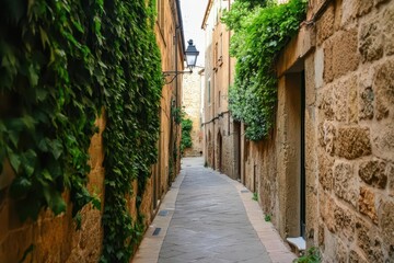 Obraz premium A charming narrow alley lined with stone buildings and ivy-covered walls in a historic European town, offering a serene and picturesque pathway through old-world architecture