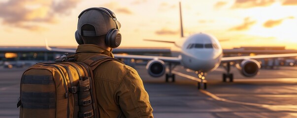 Fototapeta premium Embark on a Spontaneous Adventure Travelers Excited for a Last-Minute Getaway as They Board Their Flight at the Airport Capture the Thrill of a Surprise Escape with This Captivating Image
