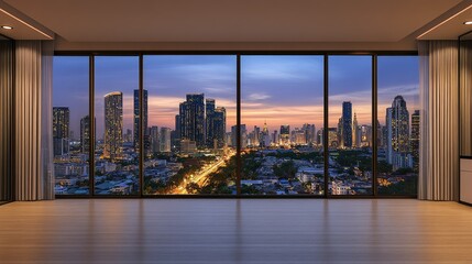 Fototapeta premium Stunning Empty Room with City Skyline View at Dusk