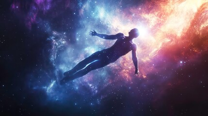 Naklejka premium Silhouette of a man floating in a galaxy with bright nebulae, representing a spiritual journey or exploration of the universe.
