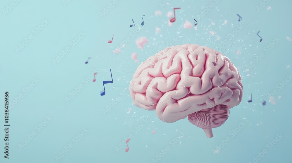 Aufkleber A brain is depicted with colorful musical notes floating around it, symbolizing the connection between music and cognitive functions. Generative AI