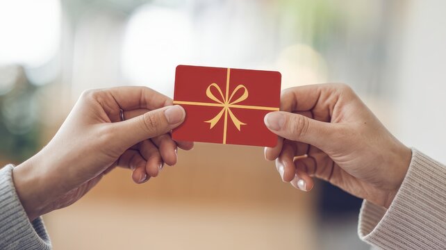 Hands exchanging a red gift card with a bow, warm indoor setting.