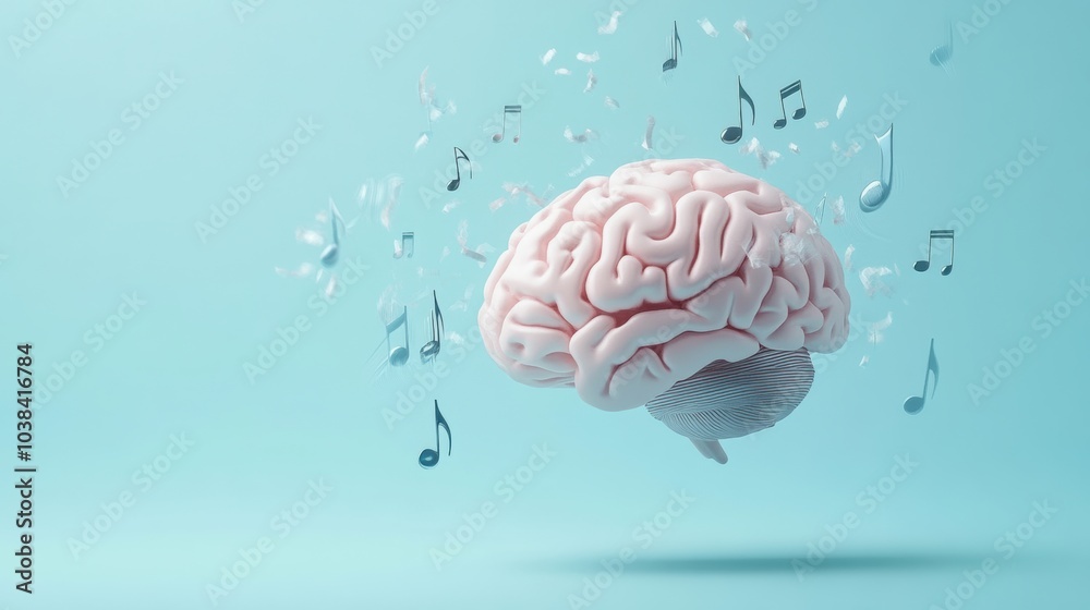 Poster A human brain surrounded by musical notes floats serenely in a pastel blue backdrop, illustrating the relationship between music and cognition. Generative AI