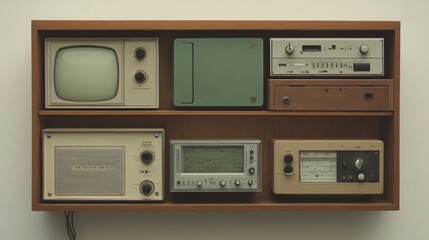 Fototapeta premium Vintage Retro Electronics Collection on Wooden Shelf