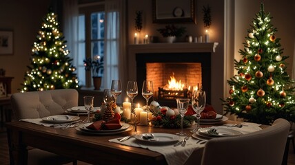 A beautifully decorated dining table with candles, Christmas trees, and a fireplace in the background, creating a warm and festive atmosphere.