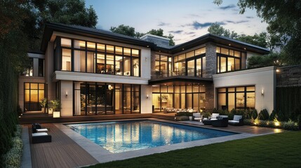 Obraz premium Modern Elegant House Exterior with Pool at Dusk