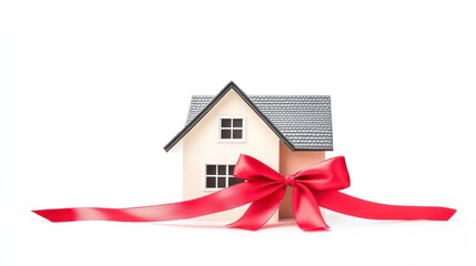 A small model house with a red ribbon tied around it, isolated on a white background.