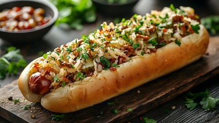 Organic Beef Hotdog with Sauerkraut Mustard and Pickles Served on a Rustic Wooden Board  Classic Street Food Dish Perfect for Outdoor Gatherings Barbecues or Casual Dining