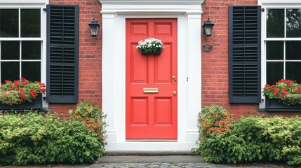 Classic Red Door with Flowers and Greenery