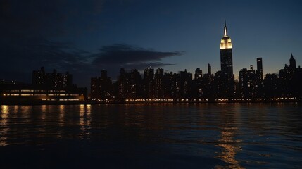 Fototapeta premium City Skyline at Dusk with Reflections on Water