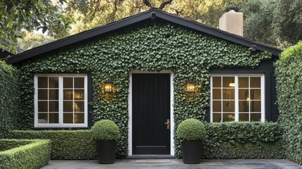 Cozy Black Door with White Trim Surrounded by Ivy