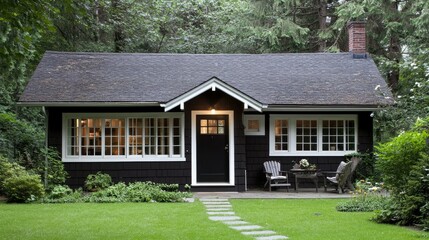 Quaint Black Cottage with White Trim and Lush Garden