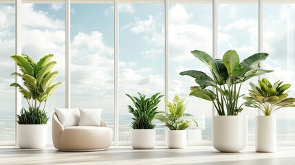 Modern Bright Room with Green Plants and Large Windows