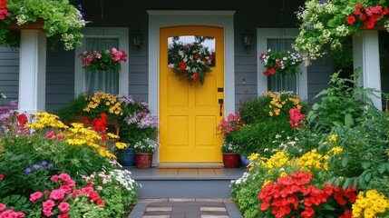 Bright Yellow Door Surrounded by Colorful Flowers